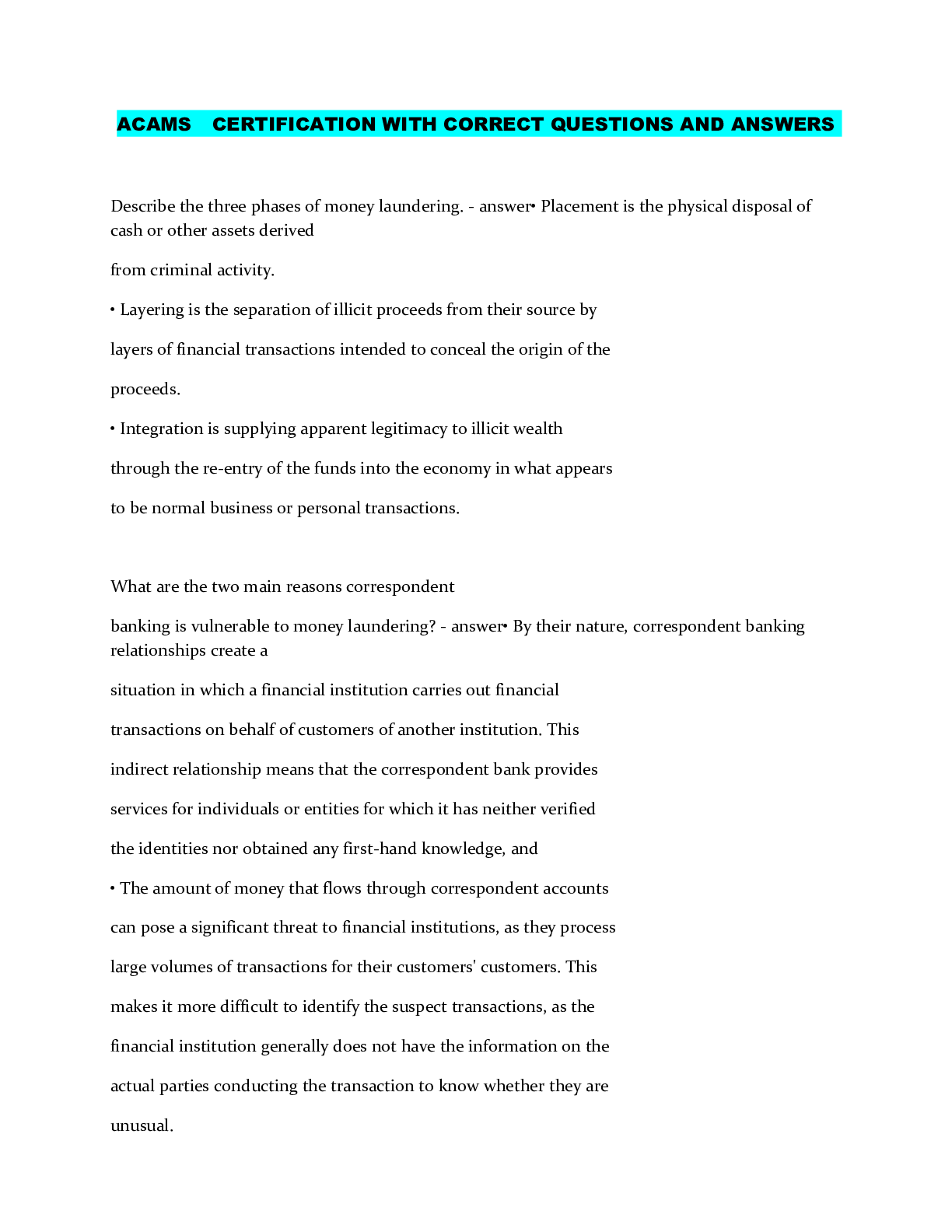 Preview image of ACAMS CERTIFICATION WITH CORRECT QUESTIONS AND ANSWERS document